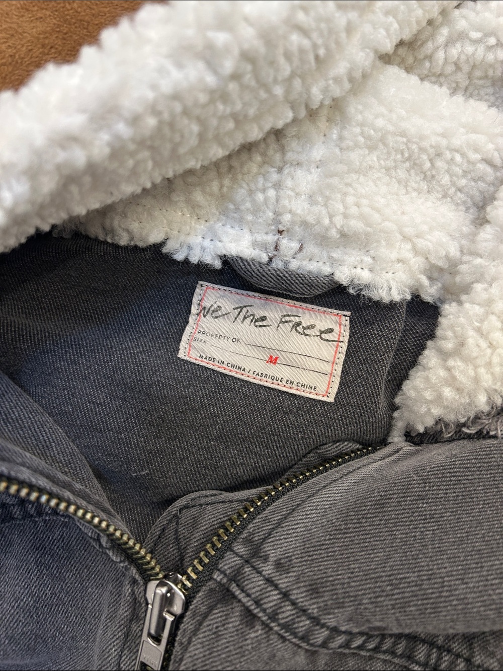 We The Free People Cozy Track Jacket Denim Sherpa Mixed Media Hooded - Picture 5 of 5